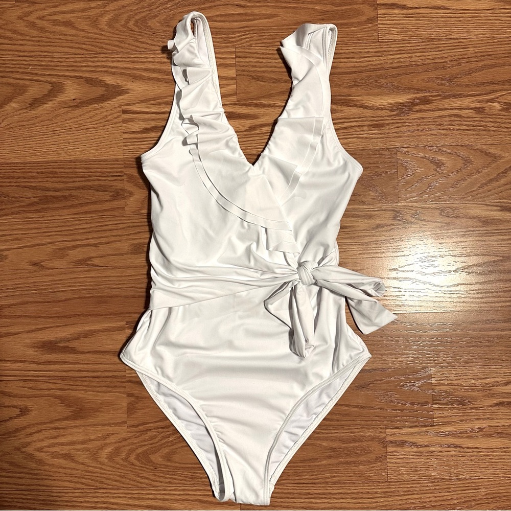 NWT White Ruffled V Neck One-Piece Swimsuit Size S
